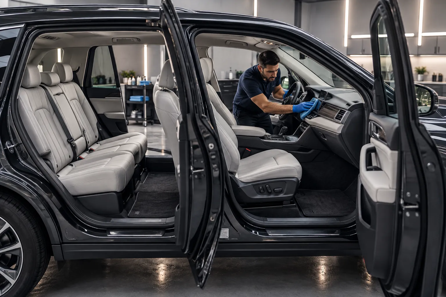 Técnico finalizando a higienização completa do interior de um SUV