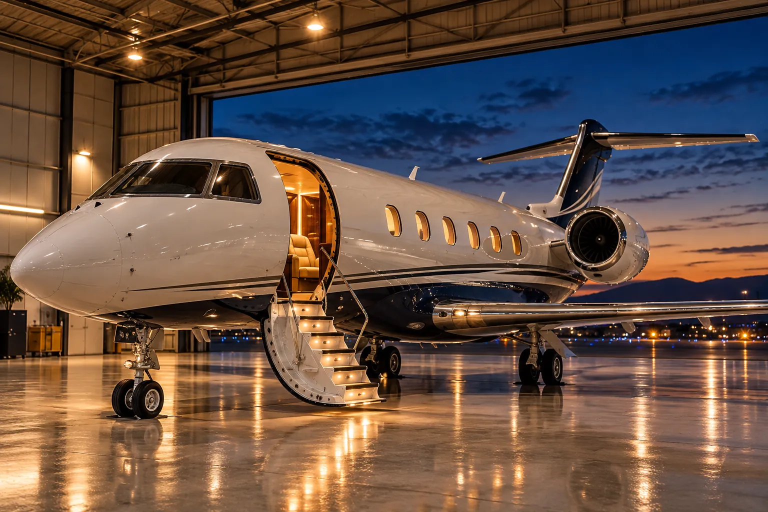 Jato executivo em hangar ao entardecer