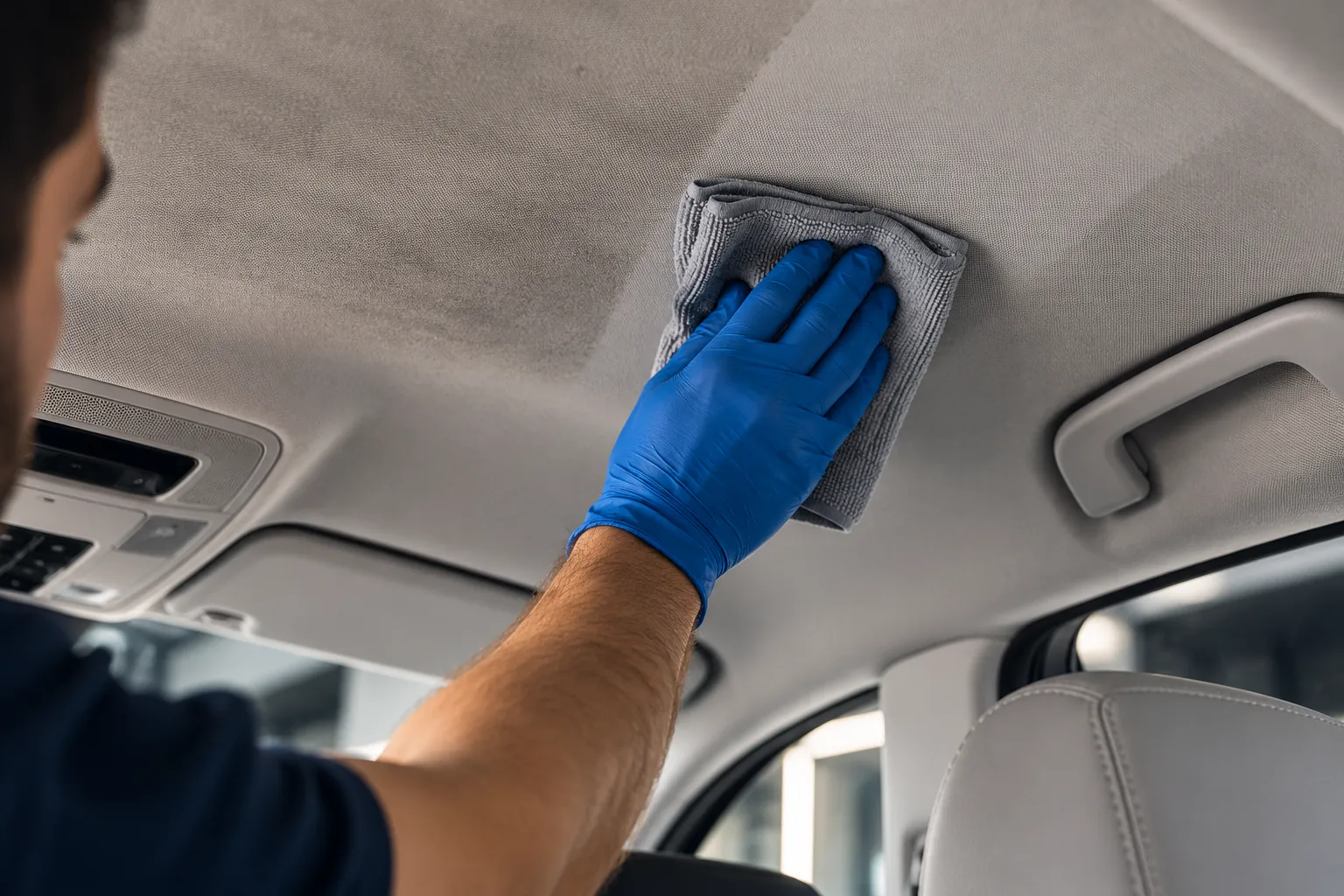 Técnico higienizando o teto de tecido de um carro